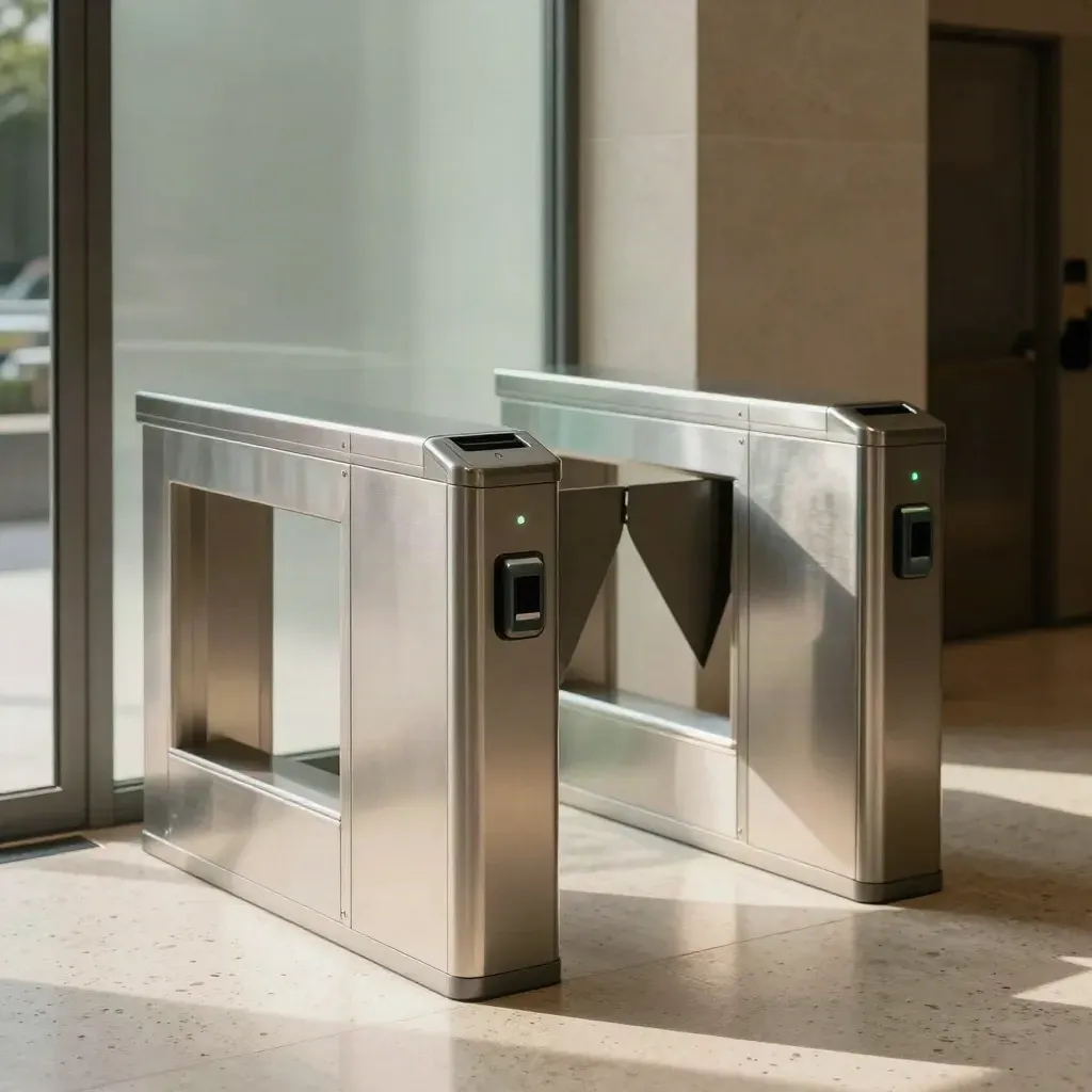 Lobby con tornello, lettore badge e porta in vetro satinato, stile premium.