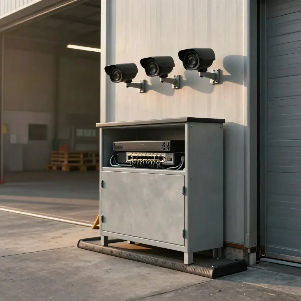 Baia di carico con telecamere IP, NVR e cablaggi in un armadio metallico, luce calda.