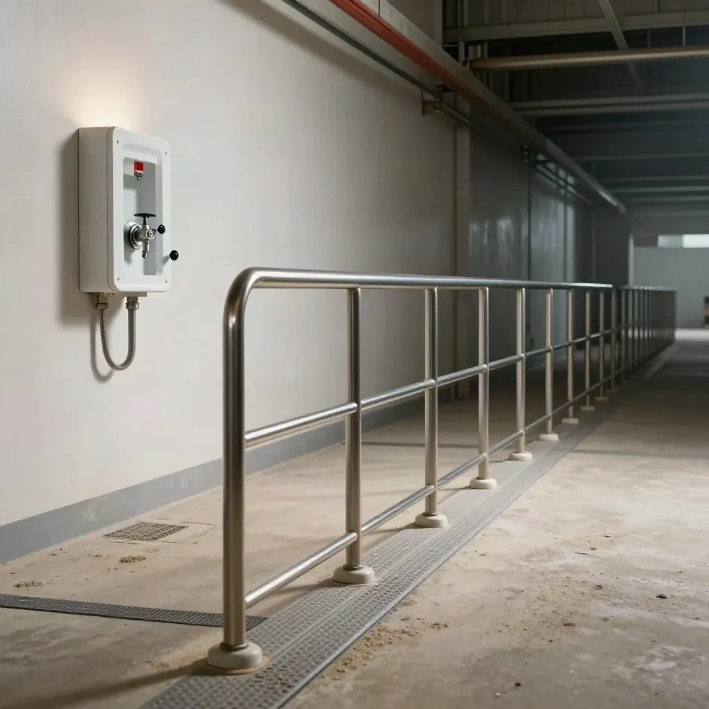 Corsia industriale sicura con guardrail, dissuasori, protezione cavi e doccia d’emergenza.