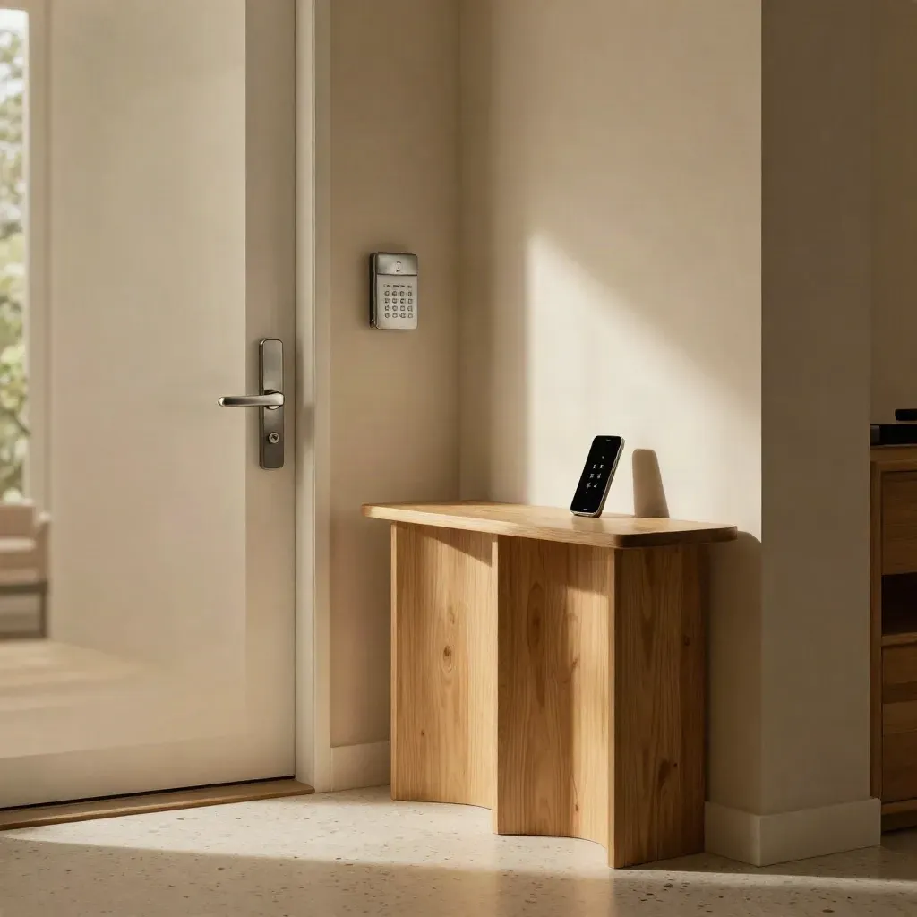 Ingresso di casa con tastierino allarme, sensori porta, sirena interna e smartphone pronto all’app.