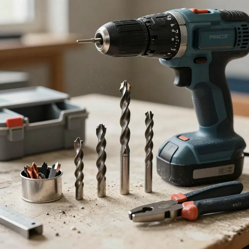 Kit da installatore con trapano, punte, ferrule, pinza tagliacavi e scatola di derivazione su banco usurato