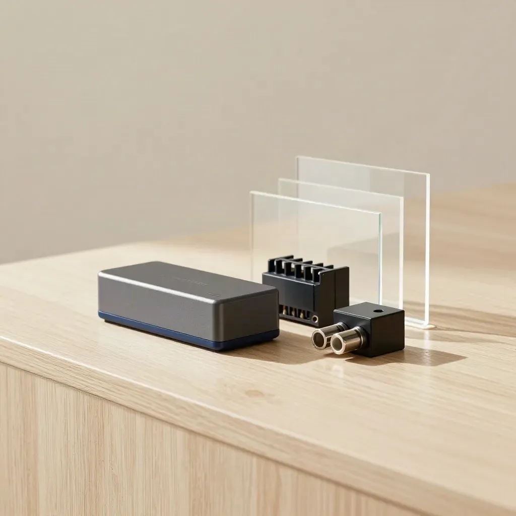 Componenti per impianto di sicurezza su legno chiaro, controller e connettori in luce soffusa