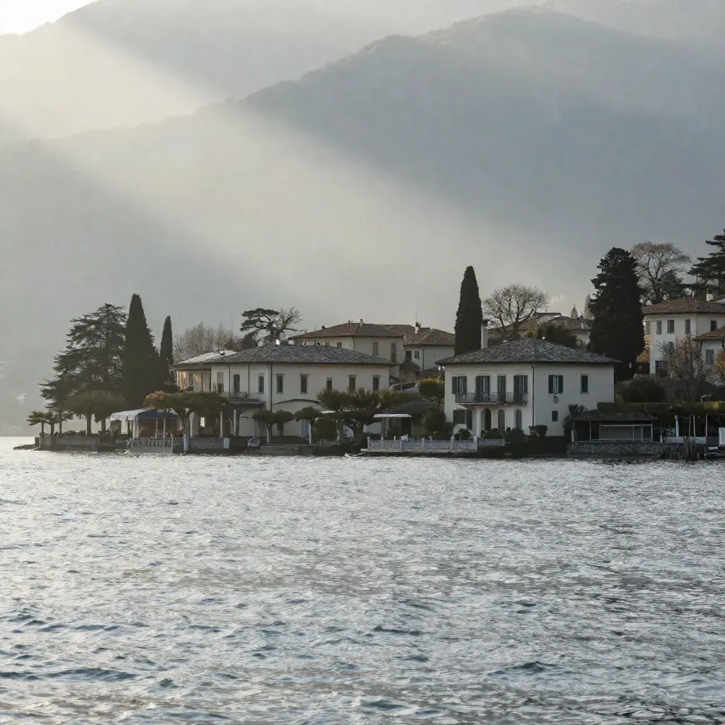 Lago di Como all’alba, ville pallide e foschia alpina sopra acque calme.