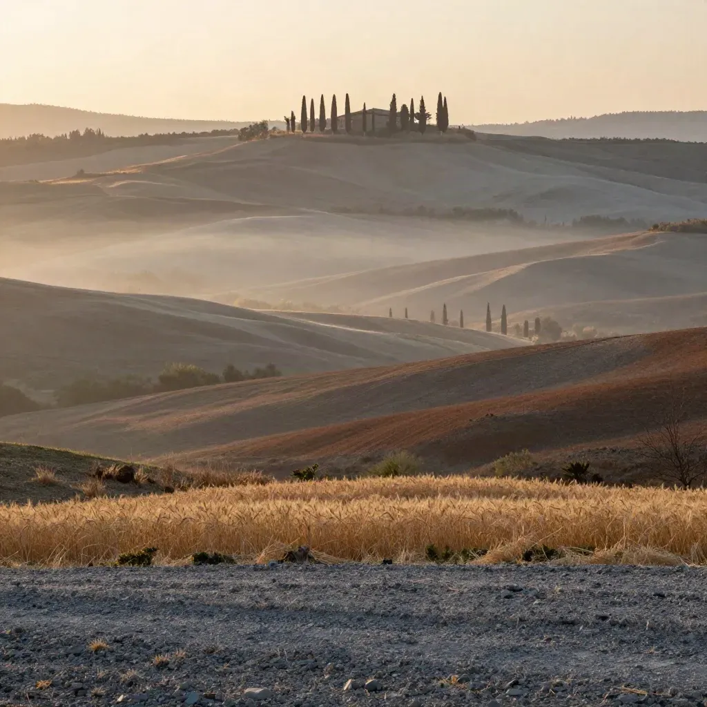 Val d’Orcia all’alba con cipressi, colline morbide e foschia dorata in Toscana